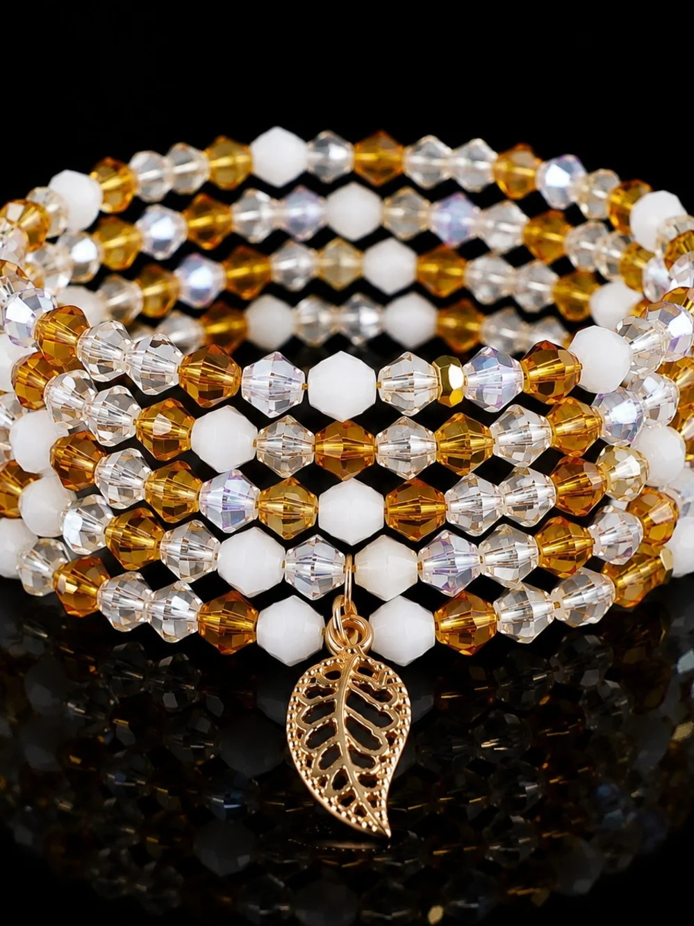Beaded Wrap Bracelet with Leaf Charm Hand Crafted